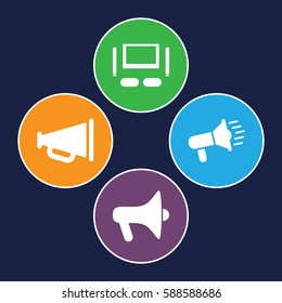 megaphone icons set. Set of 4 megaphone filled icons such as TV set