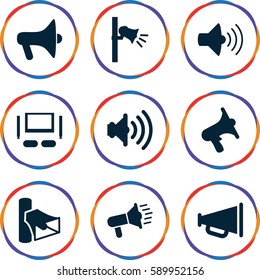 megaphone icons set. Set of 9 megaphone filled icons such as volume, megaphone