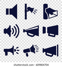 Megaphone icons set. set of 9 megaphone filled icons such as megaphone