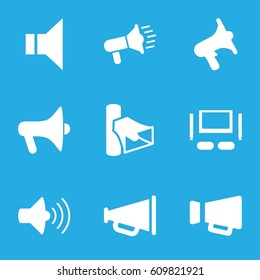 Megaphone icons set. set of 9 megaphone filled icons such as volume, megaphone