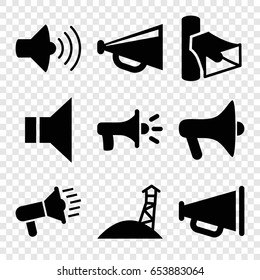 Megaphone icons set. set of 9 megaphone filled icons such as megaphone, volume