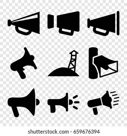 Megaphone icons set. set of 9 megaphone filled icons such as megaphone, volume