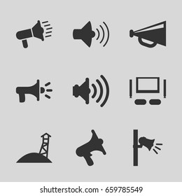 Megaphone icons set. set of 9 megaphone filled icons such as megaphone, volume, tv set