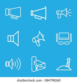 megaphone icons set. Set of 9 megaphone outline icons such as volume, megaphone, TV set