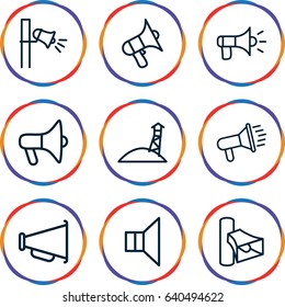 Megaphone icons set. set of 9 megaphone outline icons such as volume, megaphone