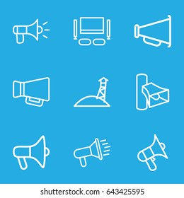 Megaphone icons set. set of 9 megaphone outline icons such as volume, megaphone, tv set