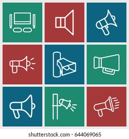 Megaphone icons set. set of 9 megaphone outline icons such as volume, megaphone