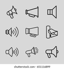 Megaphone icons set. set of 9 megaphone outline icons such as volume