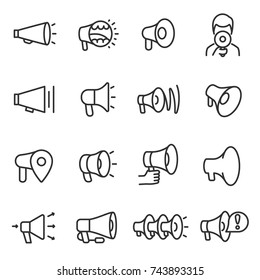 Megaphone icons set, collection in a linear style. Megaphones of various shapes. Line with editable stroke