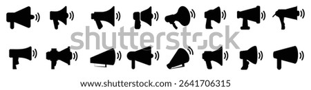 Megaphone icons. Set of different loudspeaker icons. Simple megaphone signs. Black loudspeaker icons