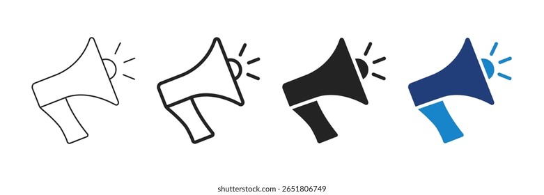 Megaphone icons set. Editable stroke loudspeaker symbols in outline, filled and flat styles. Vector.
