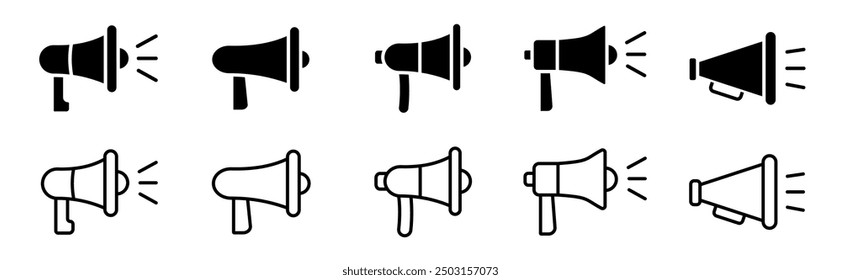 Megaphone icons set. Electric megaphone with sound or marketing advertising. Announcement sign isolated set on white background. Vector