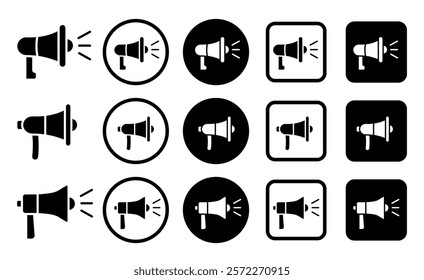 Megaphone icons set. Electric megaphone with sound or marketing advertising. Announcement sign isolated set on white background. Vector