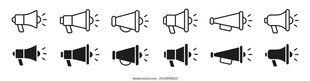 Megaphone icons set. Electric megaphone symbol with sound. Loudspeaker megaphone icon collection. Advertising concept. Flat and line style - stock vector