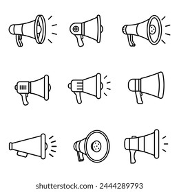 Megaphone icons set. Flat, silhouette and linear style.