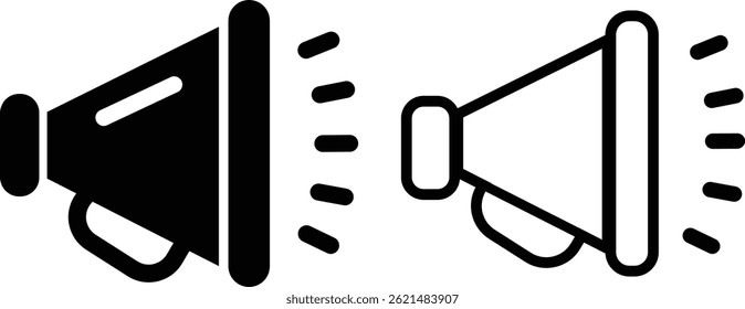 Conjunto de iconos de megáfono. Altavoz plano y Vectores de contorno. Conceptos publicitarios. Símbolos de ilustración de anuncio. Publicidad, promoción de negocios muestra la silueta aislada sobre fondo transparente.