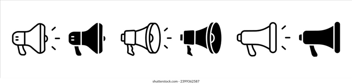 Megaphone icons set. Loudspeaker megaphone vector icons. Advertising concept. Megaphone icon, loud speaker icon. Set of announcement icons. Advertising and business promotion symbol