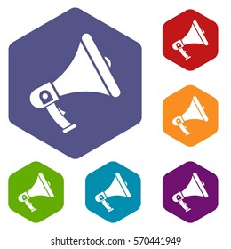 Megaphone icons set rhombus in different colors isolated on white background