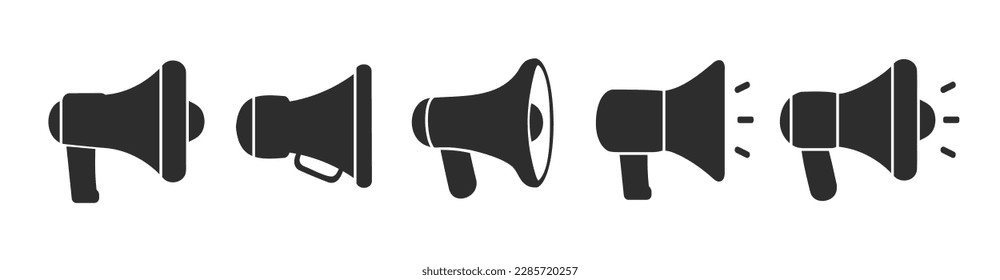 Megaphone-Symbole. Lautsprechersignalton. Lautsprecher signieren einen flachen Designstil. Symbol für Werbezwecke einzeln auf weißem Hintergrund. Vektorgrafik