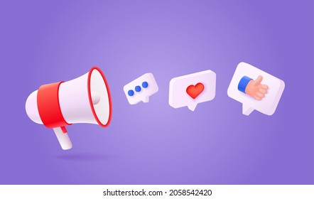 Megaphone with icons in speech bubbles concept banner. Vector 3d illustration.