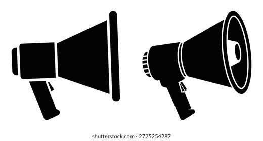 Iconos de megáfono. Dos siluetas de Vector de megáfonos sobre fondo transparente. Símbolos de comunicación y anuncio.