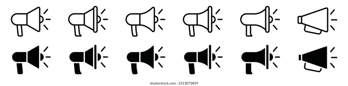 Juego de vectores de iconos megáfonos. megáfono eléctrico con sonido, promoción, altavoz, publicidad de marketing en línea y estilo plano para aplicaciones y sitios web. Ilustración del vector