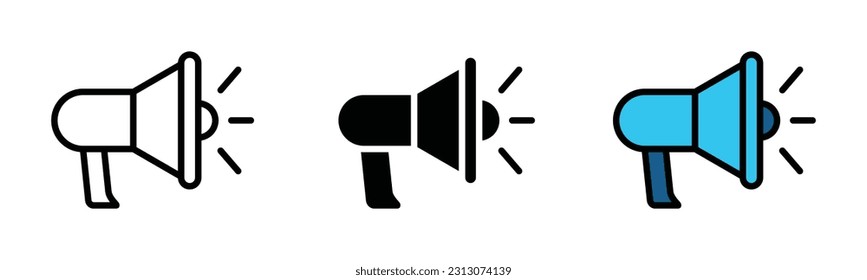 Juego de vectores de iconos megáfonos. megáfono eléctrico con sonido, promoción, altavoz, publicidad de marketing en línea, plano y estilo de color para aplicaciones y sitios web. Ilustración del vector