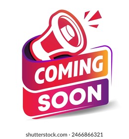 Megaphone Illustration And Banner With Text Coming Soon. Web Label Element. Flat vector design.
