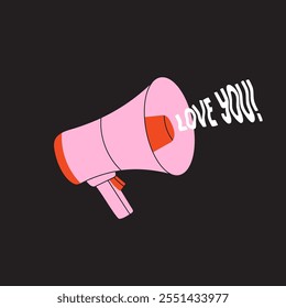 Megaphone illustration with "Love you!" text. Playful and bold design, communication and romance themes.