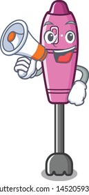 With megaphone immersion mascot blender on kitchen table