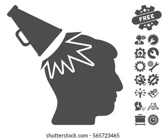 Megaphone Impact Head icon with bonus settings pictures. Vector illustration style is flat iconic gray symbols on white background.