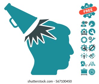 Megaphone Impact Head icon with bonus service design elements. Vector illustration style is flat iconic soft blue symbols on white background.