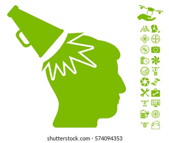Megaphone Impact Head icon with bonus copter tools pictograph collection. Vector illustration style is flat iconic symbols on white background.
