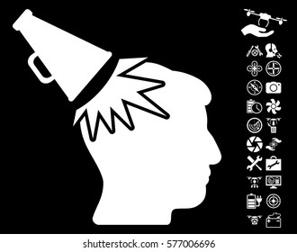 Megaphone Impact Head icon with bonus uav tools symbols. Vector illustration style is flat iconic white symbols on black background.