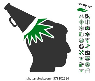 Megaphone Impact Head icon with bonus drone tools clip art. Vector illustration style is flat iconic green and gray symbols on white background.