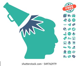 Megaphone Impact Head icon with free bonus pictograms. Vector illustration style is flat iconic symbols, cobalt and cyan colors, white background.