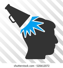 Megaphone Impact Head vector pictograph. Illustration style is flat iconic bicolor blue and gray symbol on a hatched transparent background.