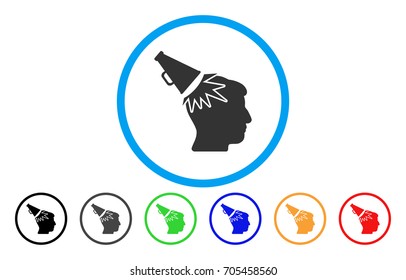 Megaphone Impact Head vector rounded icon. Image style is a flat gray icon symbol inside a blue circle. Additional color variants are gray, black, blue, green, red, orange.
