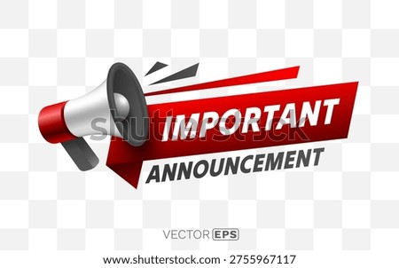 Megaphone with Important Announcement on a red banner, ideal for urgent notification and news design. Vector illustration