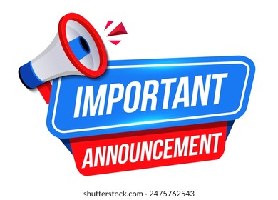 Megaphone with Important Announcement speech bubble banner. Promotion and advertising label. Speaker. Banner for business, marketing and advertising
