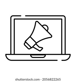 Megaphone inside laptop, linear design of digital marketing