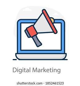 Megáfono dentro de la laptop, vector del marketing digital en estilo plano 