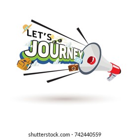 megaphone with JOURNEY text message with travel elements - vector illustration 