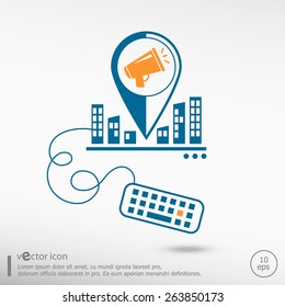 Megaphone and keyboard. Line icons for application development on city background