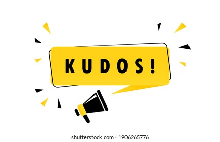 Megáfono con pancarta de la burbuja de habla de Kudos. Altavoz. Se puede usar para negocios, marketing y publicidad. EPS vectorial 10. Aislado sobre fondo blanco.