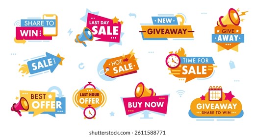 Megaphone label. Announcement with megaphones. Banners with best offers, communication badge, sale promo sticker. Marketing loudspeaker. Discount speech bubble vector set.