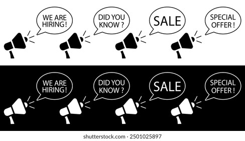 Megaphone Label, Did You Know, Hiring, Special Offer and sale. Megaphone Label, Did You Know, WE ARE Hiring, Special Offer and sale. Vector illuatration isolated on black and white background.