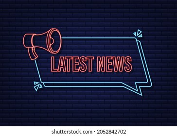 Megaphone label with latest news. Neon icon. Megaphone banner. Web design. Vector stock illustration.