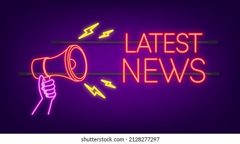 Megaphone label with latest news. Neon icon. Megaphone banner. Web design. Vector stock illustration