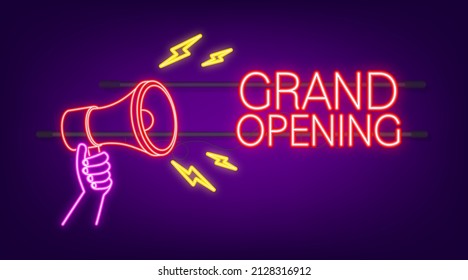 Megaphone label with neon grand opening. Megaphone banner. Web design. Vector stock illustration